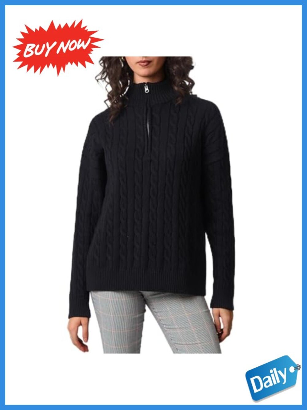 Women's Cable Knit Sweater Loose Fit Quarter Zip Mock Neck Long Sleeve Pullover